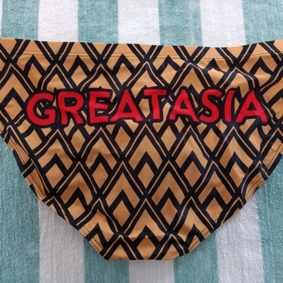 NWT GREAT ASIA TEXT SWIM BRIEF, ASIAN SIZE "L", (~32") GOLD / BLACK PATTERN - Picture 2 of 8